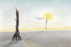 Ratingagenturen stuften den Garten Eden herab, Handzeichnung, 2020, Bleistift und Buntstift und Pastell auf Papier, 21cm x 29,7 cm, Wolfram Keller